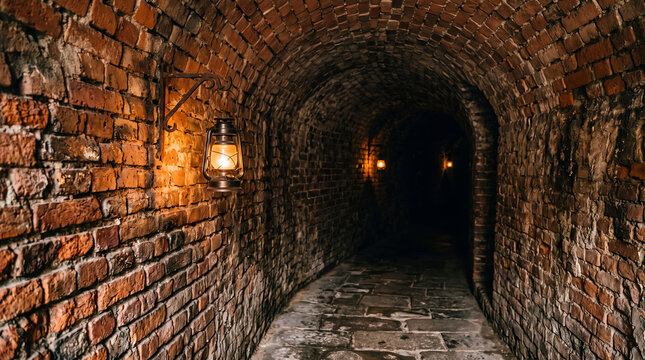 Dimly lit ancient brick tunnel with lanterns illuminating the textured walls and stone floor, creating a mysterious atmosphere