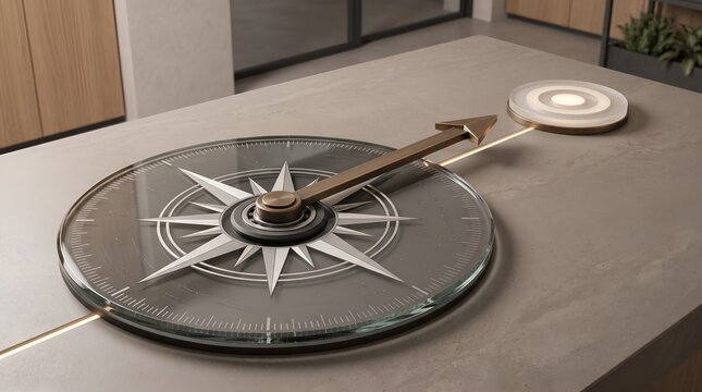 Modern glass and brass compass arrow pointing to glowing target symbolizing strategic business direction and navigation
