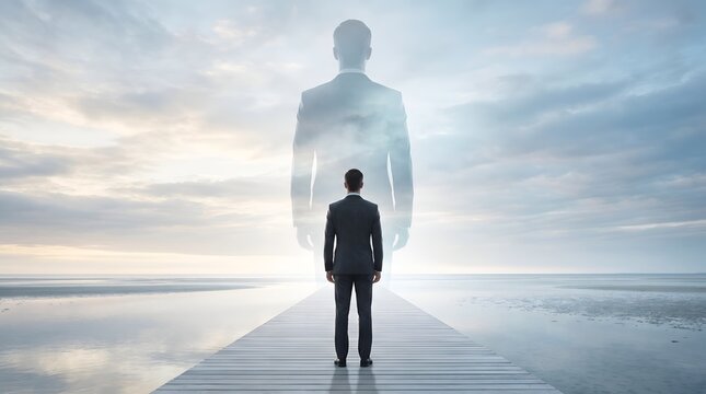 Corporate vision and ambition concept showing a businessman looking at his giant reflection on the horizon representing future goals