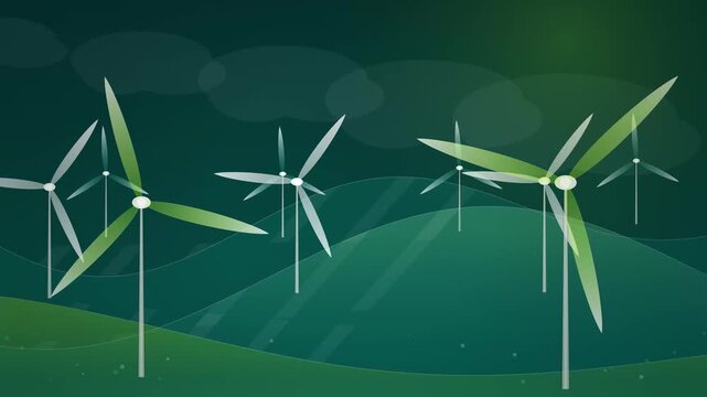 Modern Eco-Friendly Wind Turbines Illustration on Green Rolling Hills for Sustainable Renewable Energy Concept