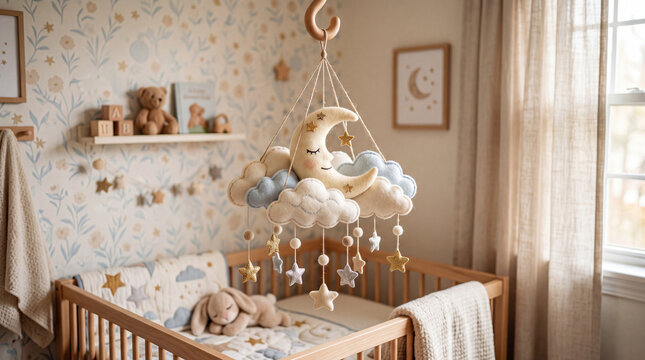 Charming baby nursery with moon and cloud mobile, soft plush toys, and natural light streaming through a window