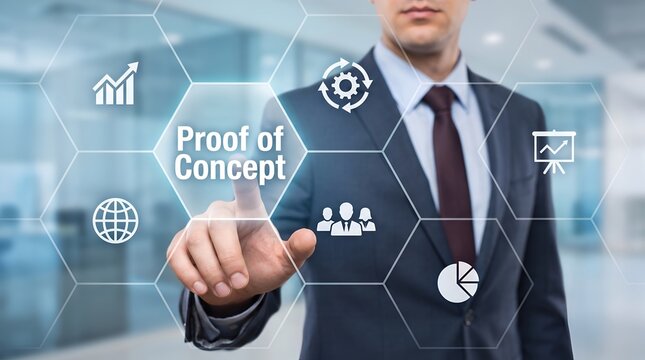 Proof of concept validation on futuristic digital interface touched by corporate project manager during testing