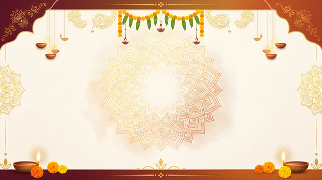 Diwali festival card template featuring central mandala pattern golden borders marigold flowers and traditional oil lamps on light cream background for invitation.