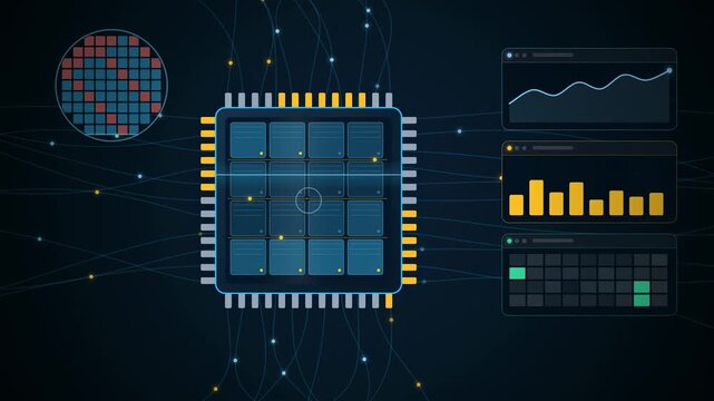 Abstract animated close view of a semiconductor chip die drawn as cyan and teal lines and dots on a deep dark background. Clean 4K motion graphics video element with free space around it, ideal for te