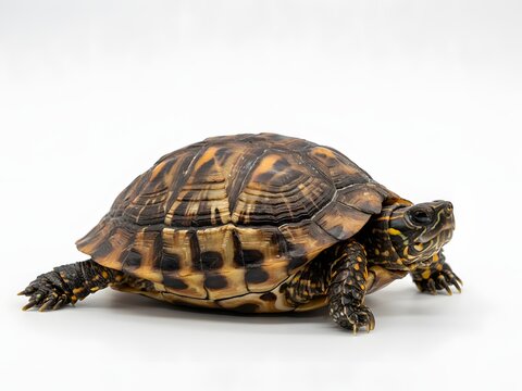 Close-up side view of a detailed patterned tortoise shell on white background for nature design projects