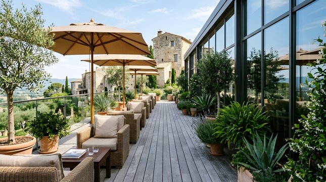 Luxury outdoor terrace with wicker furniture and beige umbrellas. Elegant patio lounge at a Mediterranean villa. Scenic restaurant deck with plants.