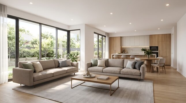 Contemporary bright living space connecting to outdoor garden view through large glass doors representing luxury residential architecture