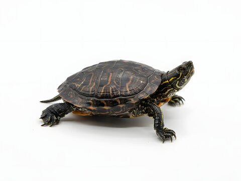 Close-up portrait of a dark brown freshwater turtle with patterned shell walking on white background