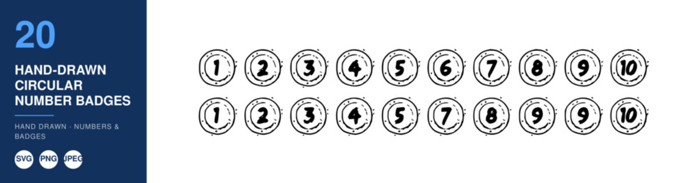 20 Hand-Drawn Circular Number Badges and Nameplates in Black and White Featuring Badge, Nameplate, Illustration with Icon