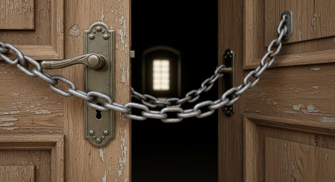 Weathered and mysterious old wooden double doors locked tightly with a heavy steel chain, featuring peeling brown paint, antique brass handles, and textured metallic links slightly open to reveal a
