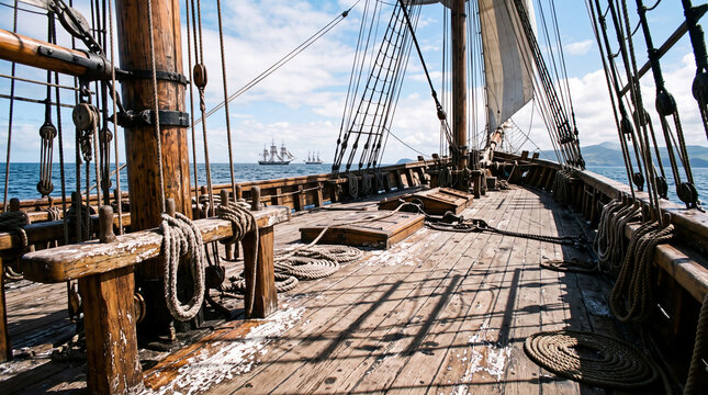 View of the deck of an old wooden ship with ropes and masts under a clear blue sky and distant ships on the horizon