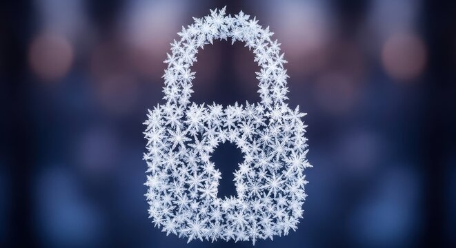 Intricate and delicate frozen padlock shape composed of sparkling detailed winter snowflakes and ice crystals, positioned centrally against a dark blue out of focus bokeh background with soft glowing