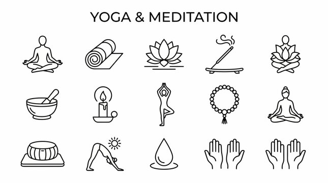 A grid of 15 blackline icons themed around yoga and meditation on a white background