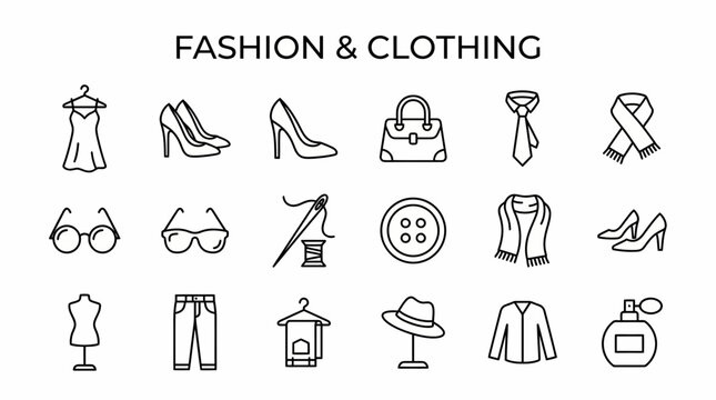 A grid of 18 blackline fashion and clothing icons on a white background headed by the text FASHION  CLOTHING