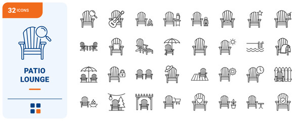 Fototapeta premium Adirondack Chair Patio Lounge Web Icon Set in Linear Style. Collection of Outdoor Furniture line icons, including slatted chair, patio umbrella, fire pit, side table, deck lounge, pool seat and more.
