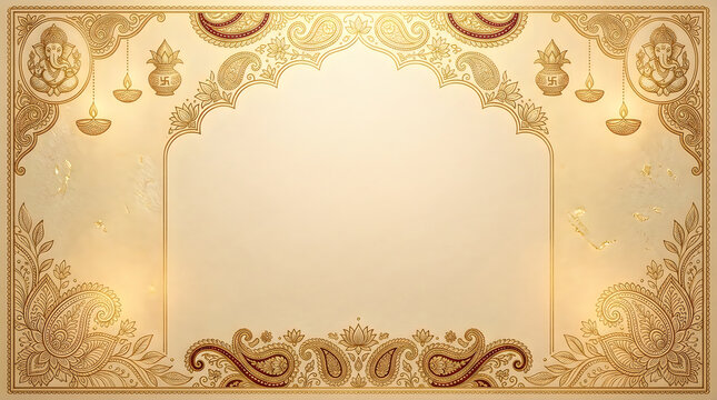 Decorative indian wedding card template featuring ganesh icons with diya lamps and golden paisley borders on cream textured paper backdrop for religious ceremony.