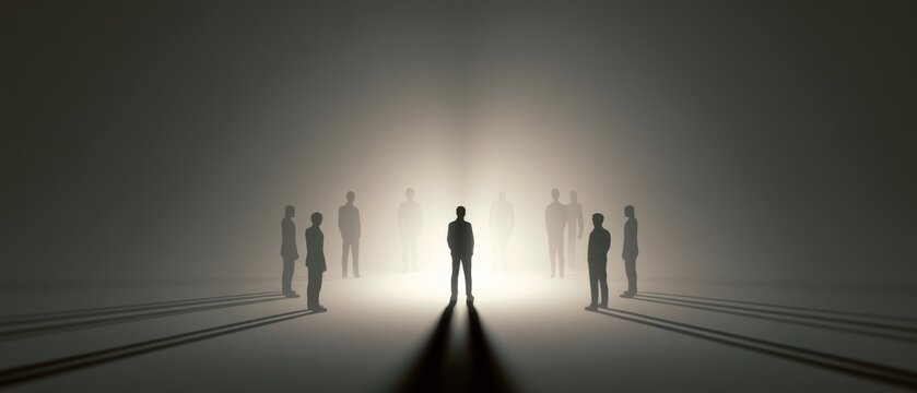 Group of people standing in light and shadows, creating an unclear scene