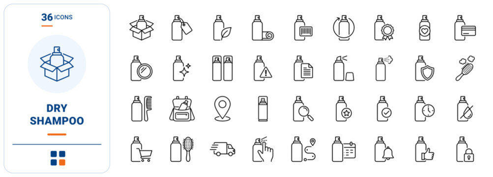 Dry Shampoo Refresh Web Icon Set in Linear Style. Collection of Hair Care line icons, including spray bottle, hairbrush, comb, travel bag, quick refresh, waterless wash, nozzle cap and more.