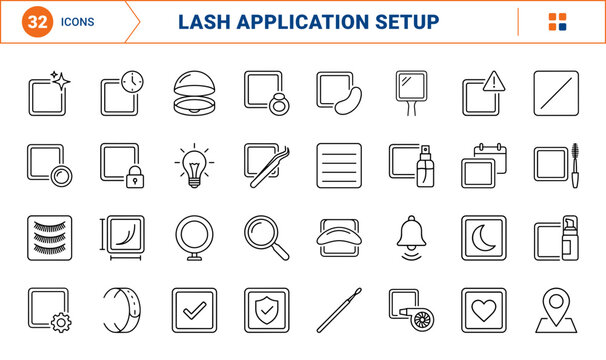 Lash Tile Lash Application Setup Web Icon Set in Linear Style. Collection of eyelash extension line icons, including lash tile, tweezer, glue stone, eye patch, lash fan, ring light and more.
