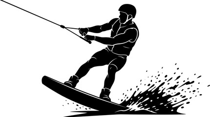 Fototapeta premium Athletic wakeboarder silhouette performing an intense water sport maneuver with splash details on a white background