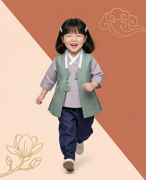 한복을 입고 즐겁게 뛰는 여자아이 / Little Girl Running Joyfully in Hanbok