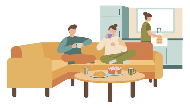 Happy domestic couple relaxing on a cozy living room sofa while sharing coffee and enjoying delicious sweet snacks.