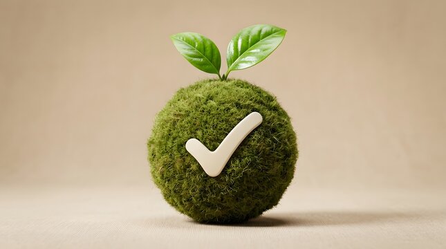 Ecofriendly concept featuring a mossy sphere with a checkmark and green leaves, symbolizing sustainability, environmental approval, and green energy