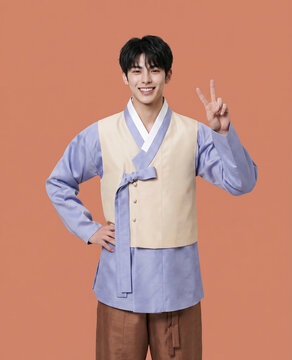 파란 한복을 입고 브이 포즈하는 남성 / Man in Blue Hanbok Making a Peace Sign