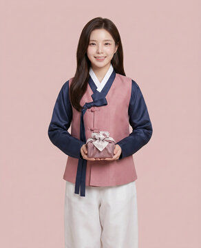 분홍 조끼 한복을 입고 선물을 든 여성 / Woman in Pink Hanbok Vest Holding a Gift