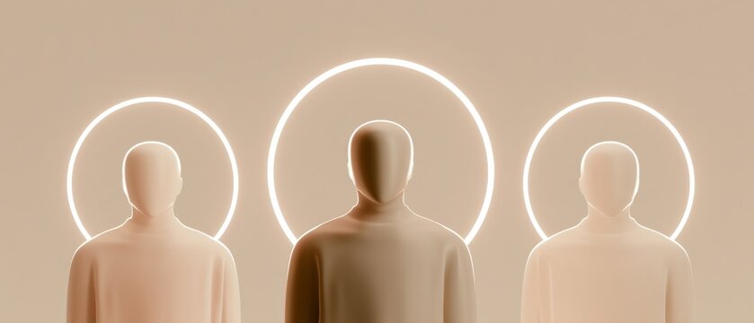 Three figures stand in a soft light with glowing halos around them, set against a neutral background