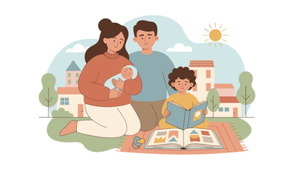 Fototapeta premium Happy young family with a baby and a child reading a book during a sunny outdoor picnic in a peaceful suburban park.