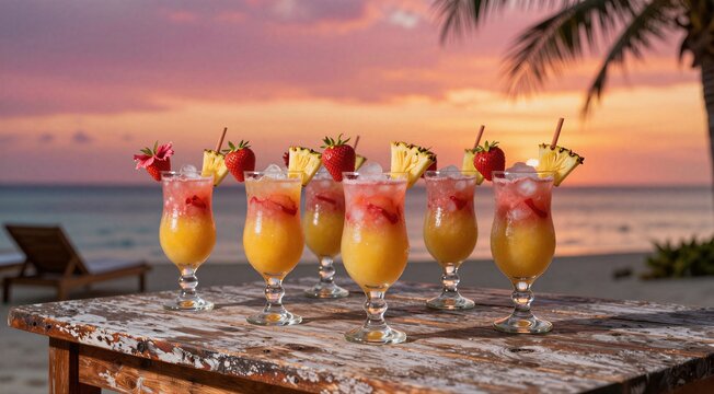 Tropical cocktails arranged on rustic table at beach sunset