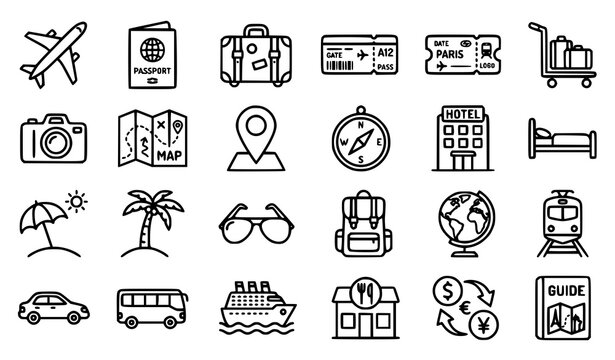 Editable travel and tourism outline icon set featuring airplane passport luggage hotel beach transportation and vacation symbols