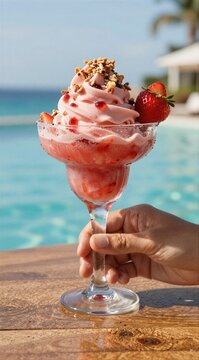 Hand holding strawberry sorbet dessert glass by poolside