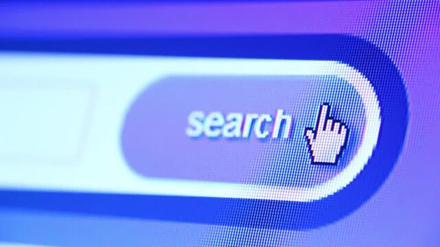 An extreme close-up view of a digital monitor screen showing the pixel structure (RGB grid) as a hand-shaped mouse cursor clicks a purple "search" button within a web browser's search bar.