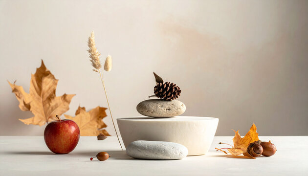 Minimal Autumn Still Life with Apple and Leaves