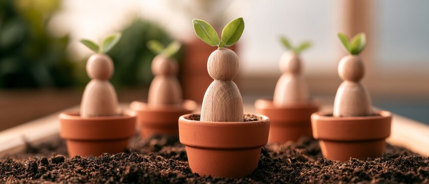 Small wooden figures in pots with growing plants seen in a garden setting during daytime