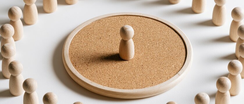 Figure stands in center on cork surface surrounded by wooden figures during a group activity indoors