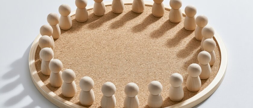 Group of wooden figurines arranged in a circle on a round cork board in a bright setting