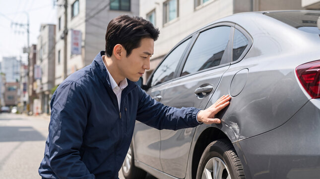 자동차 문 손상을 확인하는 남성 / Man Inspecting Car Door Damage