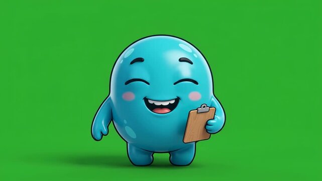 Cute blue character holding a clipboard and laughing, isolated on a green background, representing happiness and organization.