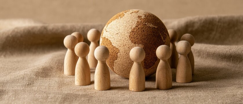 Wooden figures gather around globe on a light fabric surface during daytime