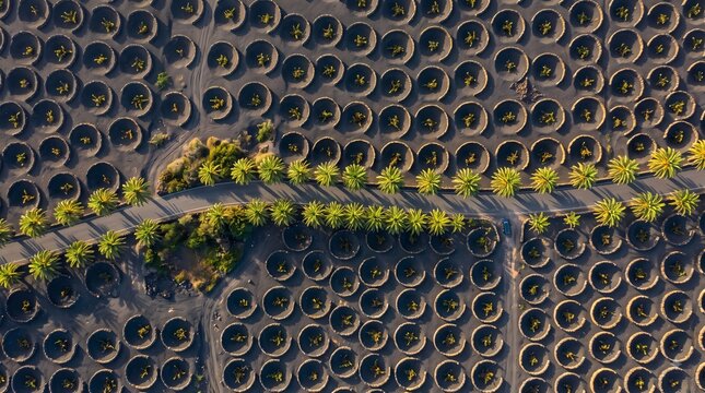 Aerial Solar Panel Field. Circular Photovoltaic Panels with Green Vegetation. Renewable Energy Infrastructure. Drone Landscape Photography