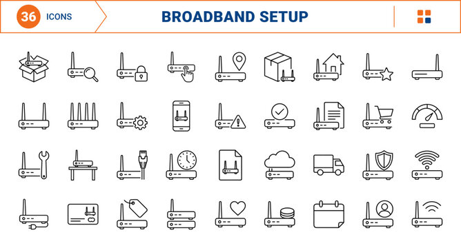 Broadband Router Plan Internet Contract Web Icon Set in Linear Style. Collection of network agreement line icons, including broadband router, signal wave, delivery box, Ethernet cable and more.