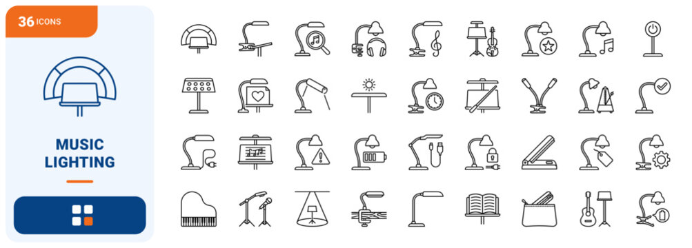 Music Stand Light Score Reading Web Icon Set in Linear Style. Collection of Sheet Music Lighting line icons, including clip light, gooseneck lamp, orchestra lamp, desk clamp and more.