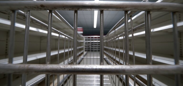 Empty supermarket shelves blocked by a metal barrier under low light, highlighting retail supply shortages and restrictions.