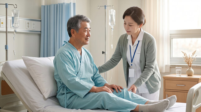 병실에서 상담하는 의사와 시니어 남성 / Doctor Consulting a Senior Man in Hospital Room
