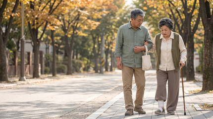 Obraz premium 숲길을 걷는 시니어 남성 / Senior Man Walking on a Forest Path