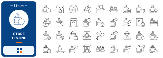 Fototapeta premium Tester Bottle In Store Testing Web Icon Set in Linear Style. Collection of Perfume Sampling line icons, including spray tester, fragrance mist, counter display, scent strip, store shelf and more.