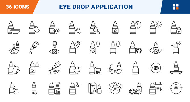 Eye Drop Application Web Icon Set in Linear Style. Collection of Ocular Care line icons, including drop bottle, eye instillation, contact lens, dose schedule, night treatment and more.